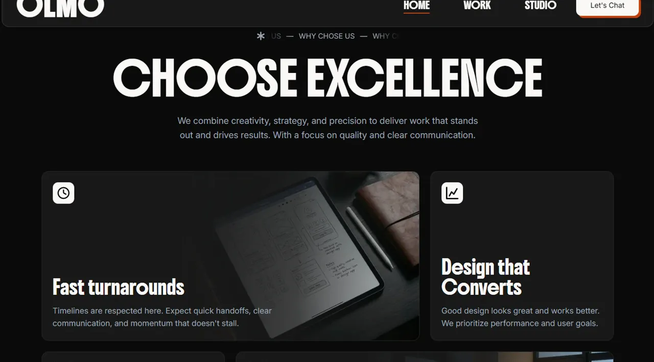 Olmo Studio template — Why choose us view