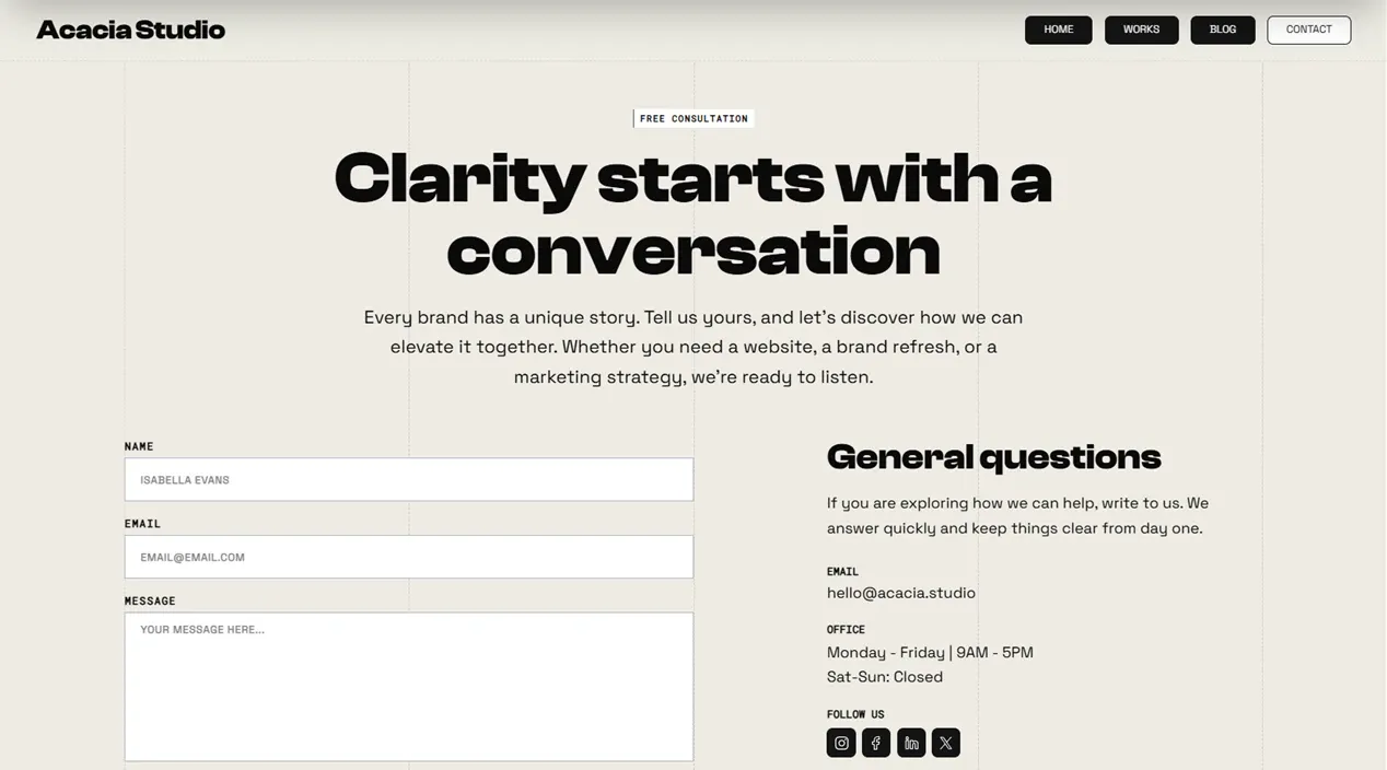Acacia Studio template — Contact view
