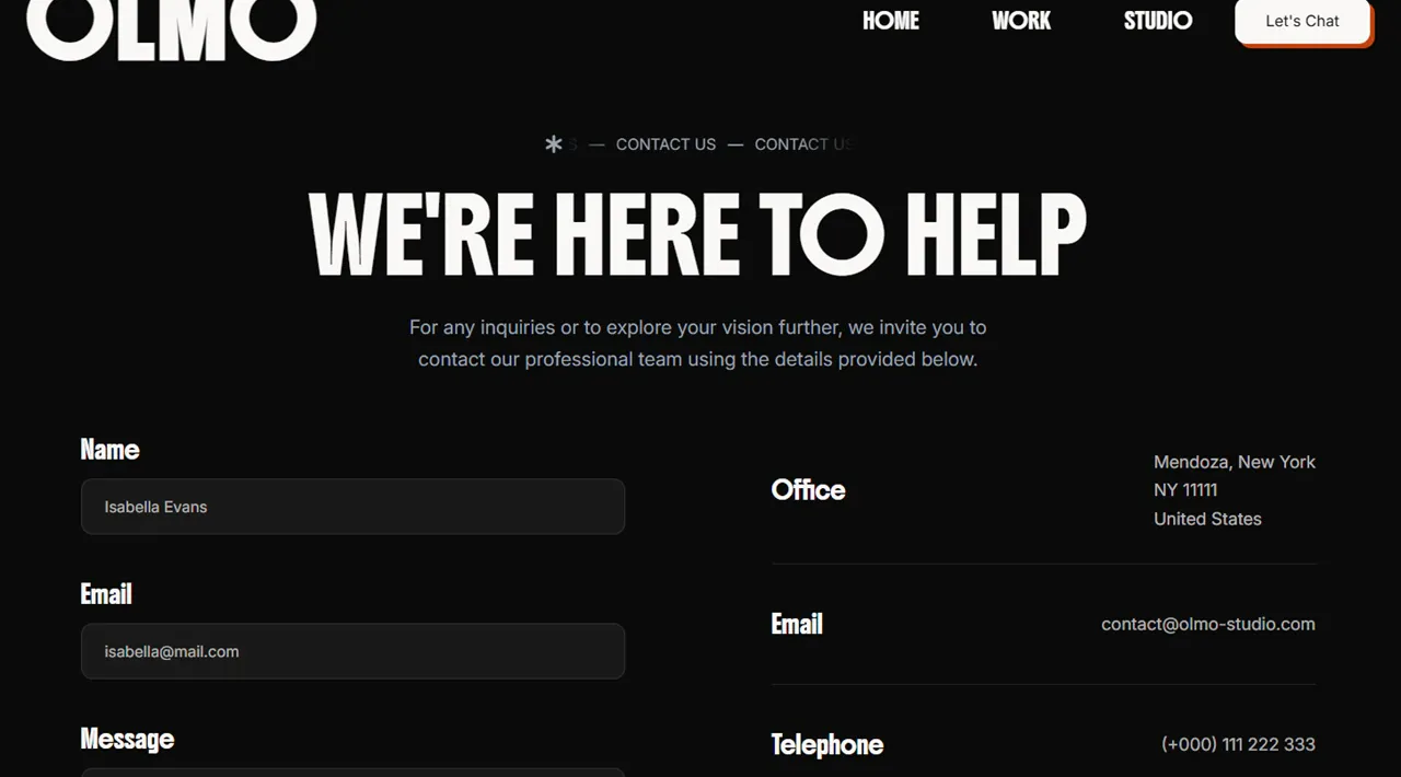 Olmo Studio template — Contact view