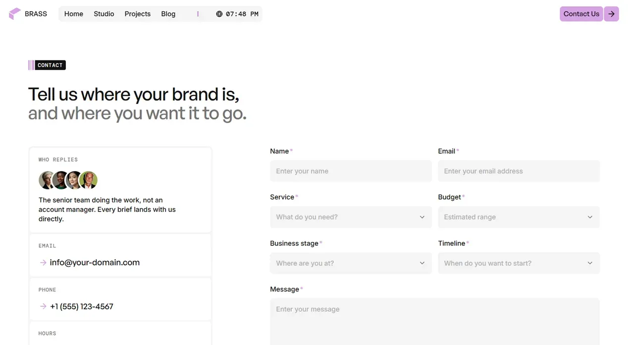 Brass Studio template — Contact view