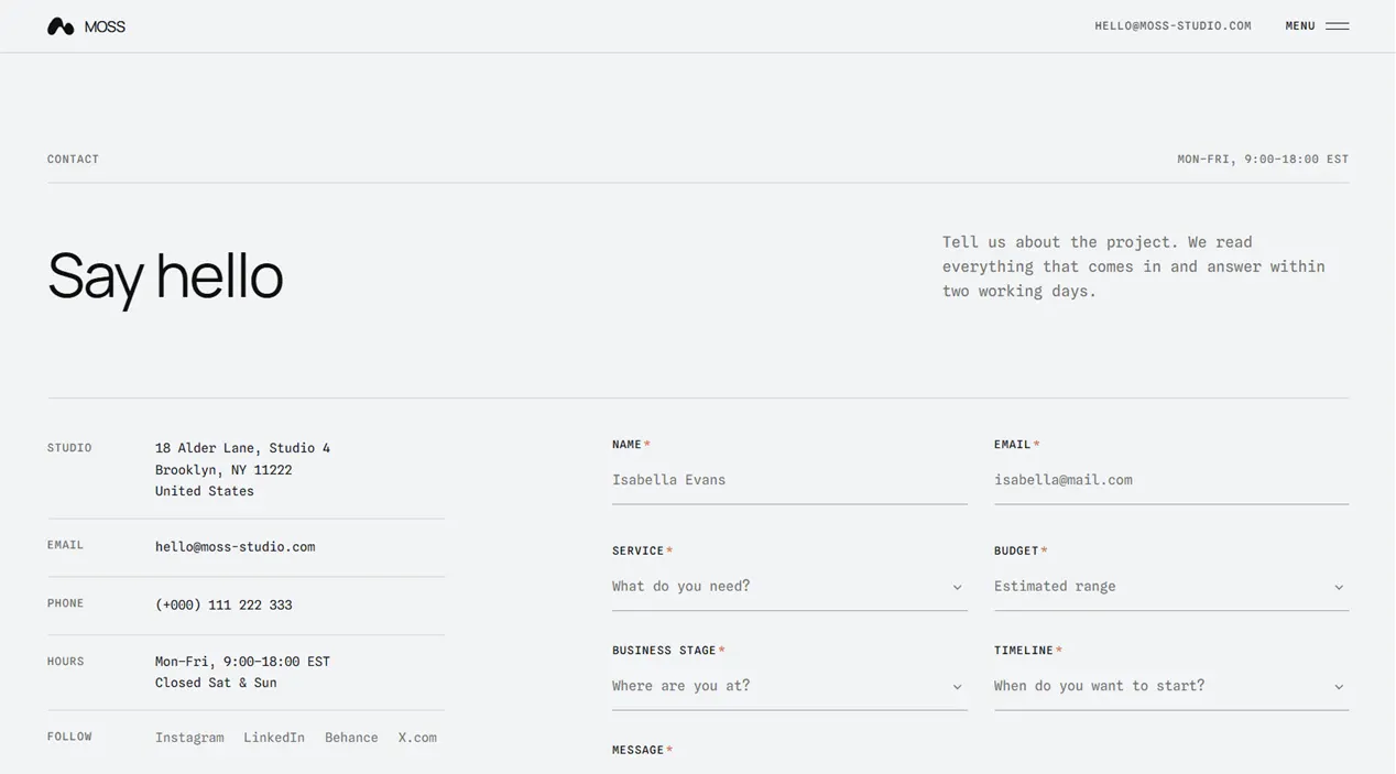 Moss Studio template — Contact view
