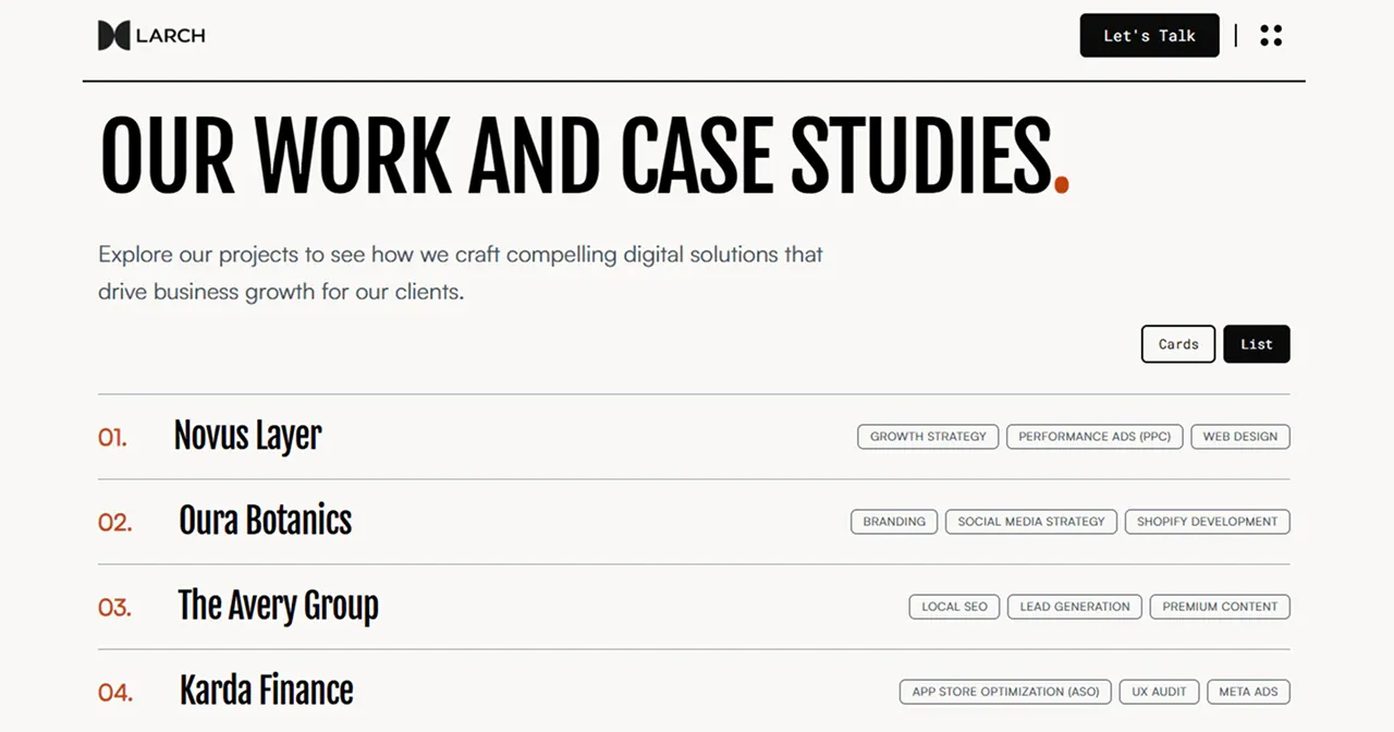 Larch Agency template — Works view