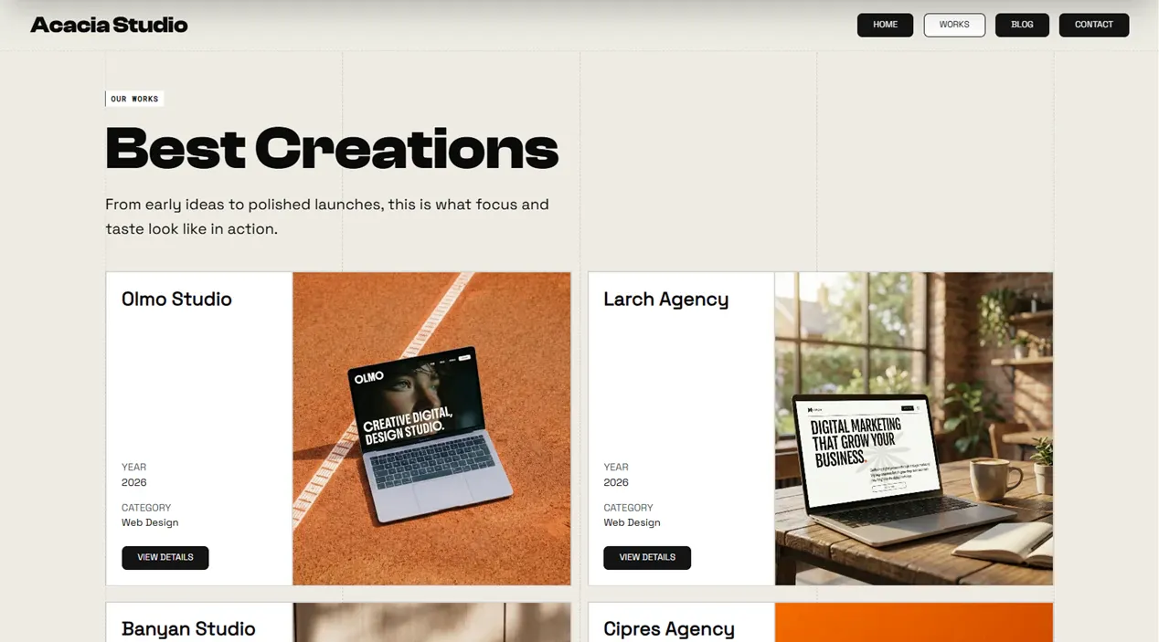 Acacia Studio template — Works view